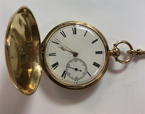 Lot 259 - Kendall & Dents - A Victorian 18ct gold full hunter pocket watch with accompanying Albertina chain