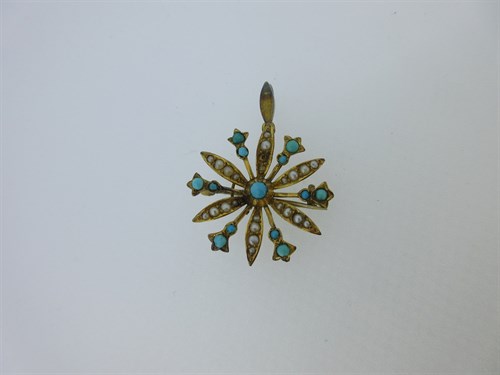 Lot 160 - A turquoise and seed pearl brooch / pendant