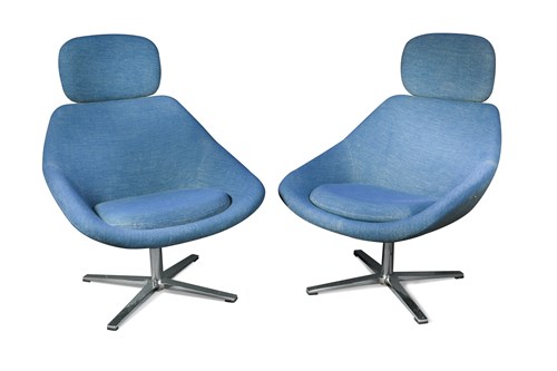 Lot 167 - A pair of Danish mid-century blue cloth upholstered swivel lounge chairs