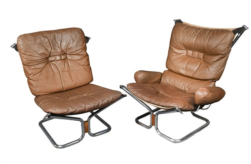 Lot 168 - In the manner of Sigurd Ressell, a pair of slung canvas and leather lounge chairs