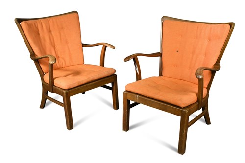 Lot 169 - Fritz Hansen, a pair of stained beech lounge chairs