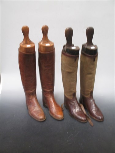 Lot 89 - Two pairs of riding boots with trees, a pith...