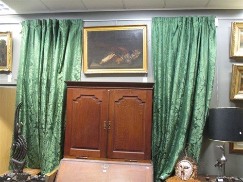 Lot 497 - A pair of Green damask curtains, 3.2 meter drops