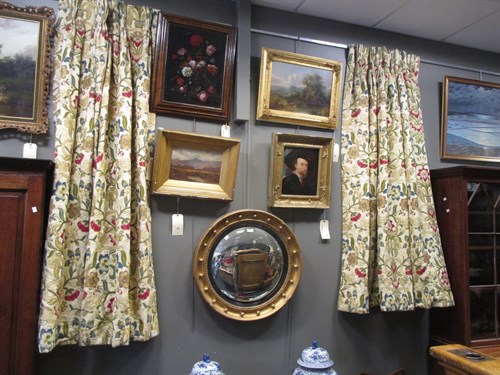 Lot 498 - Two pairs of crewel work interlined curtains...