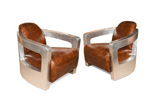 Lot 188 - A pair of contemporary brown leather and panelled aluminium Aviator type open armchairs