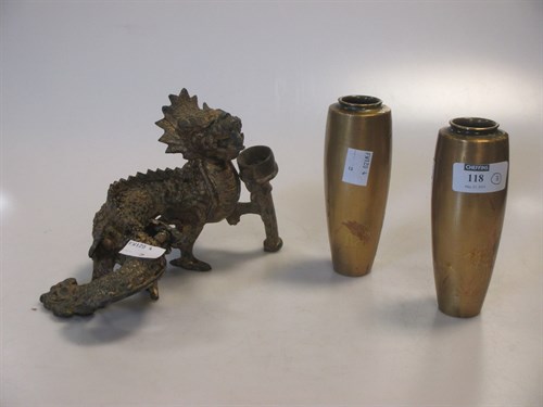 Lot 118 - A cast metal dragon candleholder and pair of...