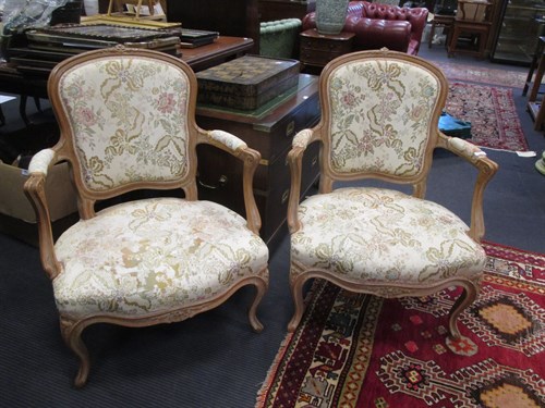 Lot 411 - A pair of French beechwood framed armchairs (2)