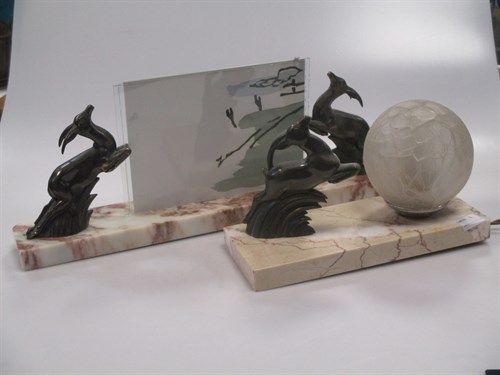 Lot 466 - An Art Deco spelter & marble table lamp and a...