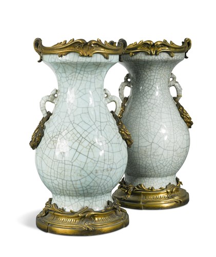 Lot 562 - A pair of late 19th century ormolu-mounted craquelure glazed Chinese vases