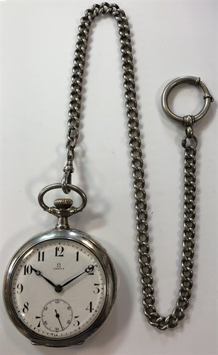 Lot 254 - Omega - An open faced pocket watch with accompanying 'Albert' chain
