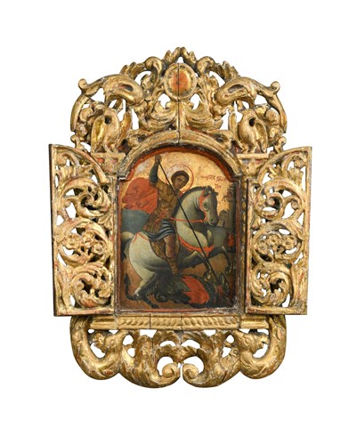 Lot 463 - A late 18th or early 19th century Greek Orthodox Icon depicting St George and the Dragon