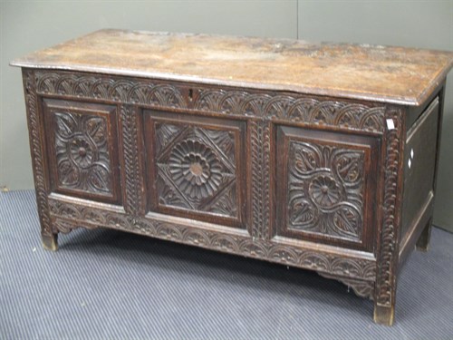 Lot 465 - A 17th century three panel coffer with later...