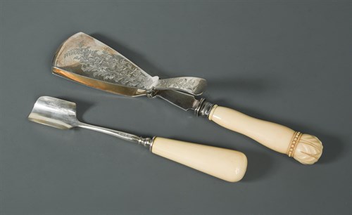 Lot 416 - A George V silver stilton scoop together with a pair of Victorian silver sandwich servers
