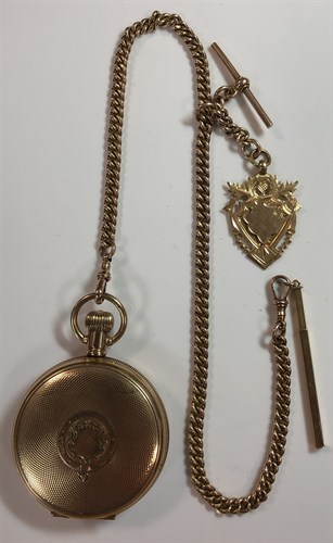 Lot 258 - Elgin - a gold plated full hunter pocket watch with accompanying 'Albert' chain stamped '9ct'