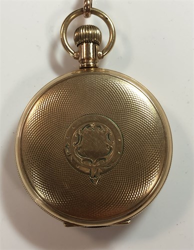 Lot 258 - Elgin - a gold plated full hunter pocket watch with accompanying 'Albert' chain stamped '9ct'