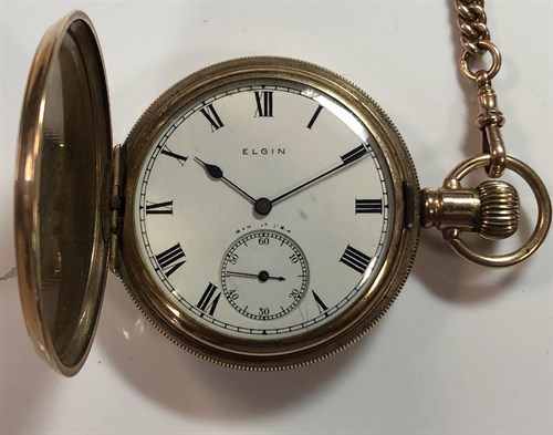 Lot 258 - Elgin - a gold plated full hunter pocket watch with accompanying 'Albert' chain stamped '9ct'