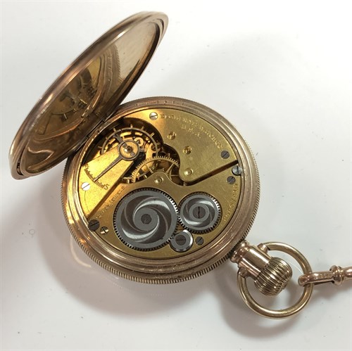 Lot 258 - Elgin - a gold plated full hunter pocket watch with accompanying 'Albert' chain stamped '9ct'