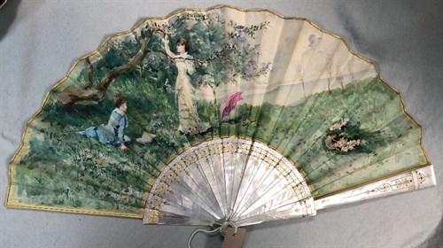 Lot 460 - A hand-painted vellum and paper fan by Jehanne Mazeline (Exhibition Salon 1879 - 1909) circa 1900