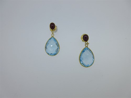 Lot 131 - A pair of blue topaz and ruby ear pendants