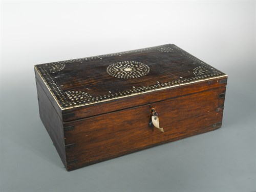 Lot 407 - A 19th century brass bound and bone inlaid teak cigar box