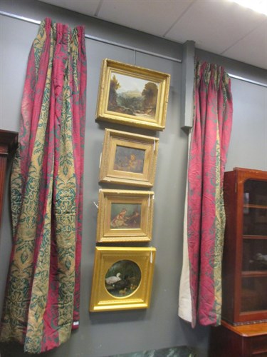 Lot 516 - Two pairs of pink, green and ochre printed and...