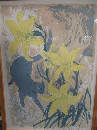 Lot 15 - David Koster (British, b.1926) 'Cat and Lilies'...