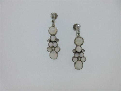 Lot 136 - A pair of opal and diamond ear pendants with screw-back fittings