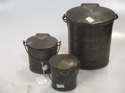 Lot 29 - Three old brass mounted tin milk cans, named (3)