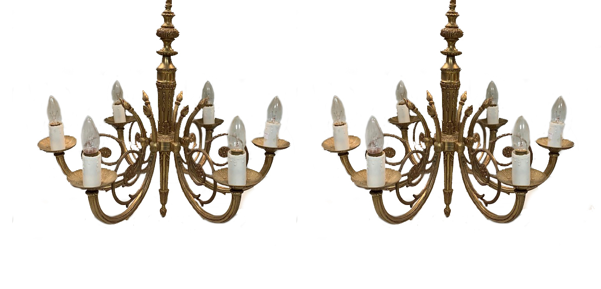 Lot 21 - A pair of cast brass six branch chandeliers,...