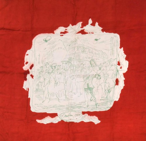 Lot 200 - Feliks Topolski for Ascher, 'London 1944', a printed crimson wool scarf