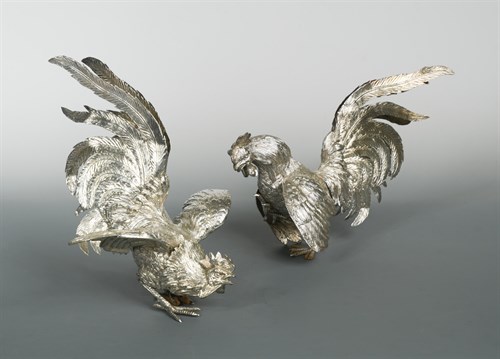 Lot 423 - A pair of Edward VIII silver fighting cocks