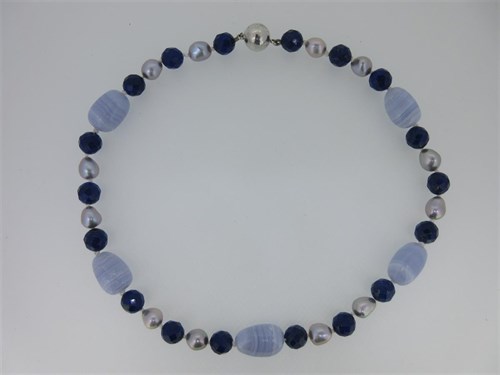 Lot 140 - A lapis lazuli, blue lace agate and cultured pearl necklace