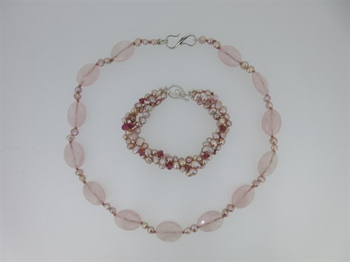 Lot 193 - A rose quartz and cultured pink pearl necklace together with a pink tourmaline and cultured pearl torsade bracelet