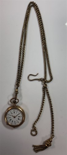 Lot 261 - An unsigned continental 14ct gold open faced pocket watch and accompanying Albertina chain