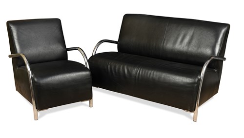 Lot 315 - A contemporary black vinyl and chrome three-piece suite