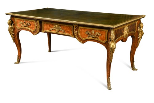 Lot 578 - A mid 19th century Louis XV style French ormolu mounted kingwood, tulipwood and parquetry inlaid bureau plat