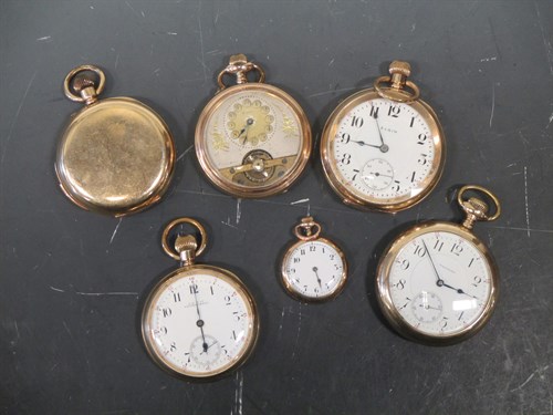 Lot 171 - A collection of six gold plated pocket watches,...