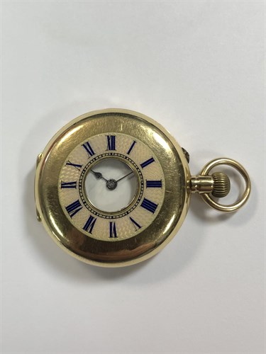 Lot 446 - Unsigned - A lady's  Swiss 18ct gold half hunter pocket watch