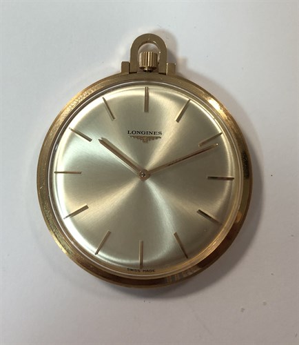 Lot 445 - Longines - A Swiss 18ct gold open faced dress pocket watch