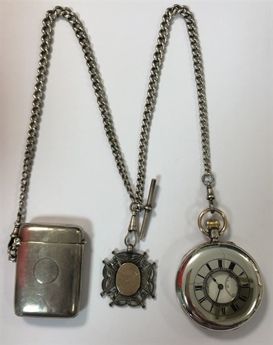 Lot 407 - J.W. Benson - A George V silver half hunter pocket watch with attached Albert chain