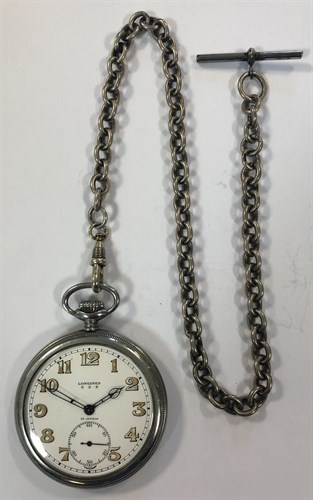 Lot 410 - Longines - An open faced pocket watch with attached Victorian silver Albert chain