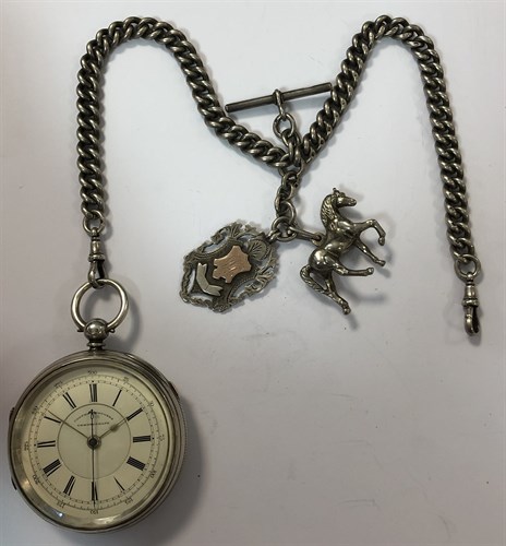 Lot 413 - J Richardson, Coventry - A Victorian silver open faced chronograph pocket watch and chain