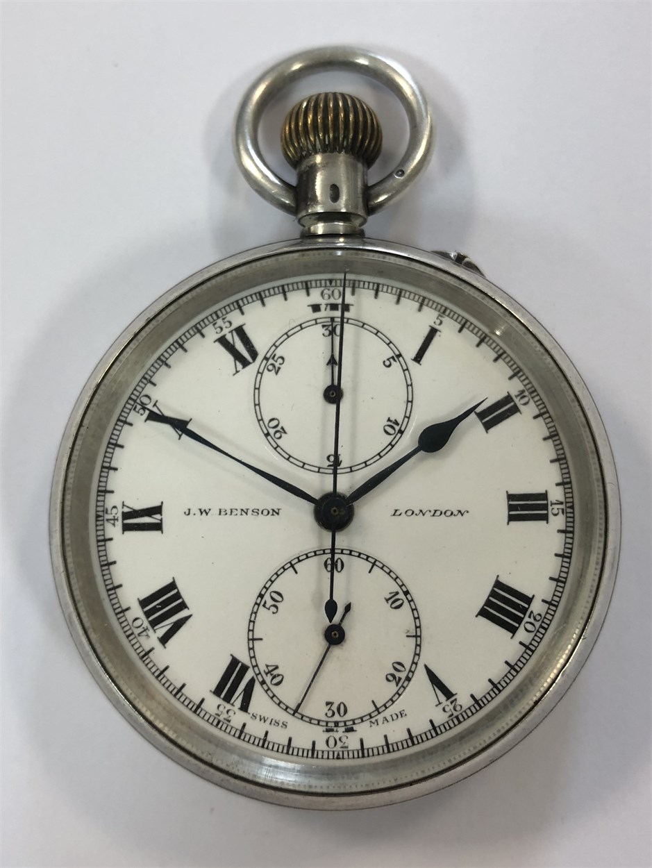 Lot 405 - J.W. Benson - A George V silver open faced chronograph pocket watch