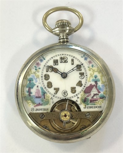 Lot 393 - Unsigned - An early 20th century open faced pocket watch with 8 day movement and painted dial