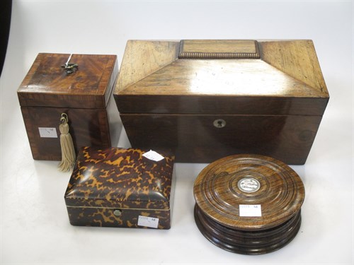 Lot 39 - A George III mahogany cube shaped tea caddy, a...