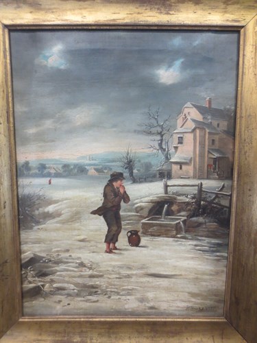 Lot 240 - R Brooks (British, 19th Century), Snowy winter...