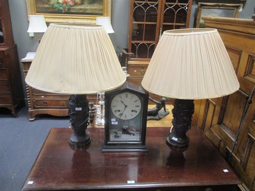 Lot 545 - Pair of Oriental bronze table lamps, fish...