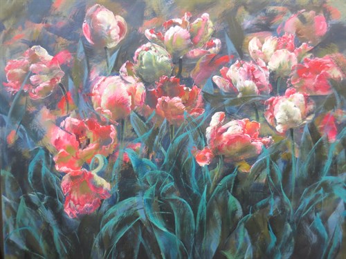 Lot 486 - W. Mao, Tulips, modern acrylic on canvas, and...