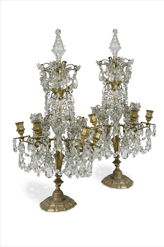 Lot 414 - A pair of Continental gilt metal and cut glass table lustres