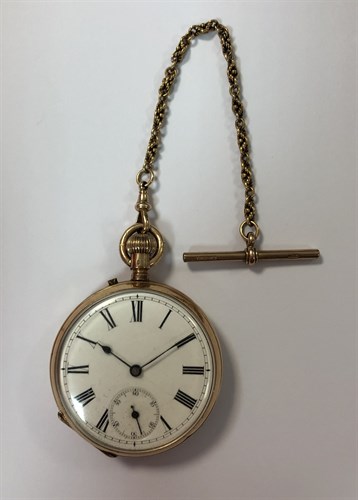 Lot 422 - Unsigned - An early 20th century Swiss 14ct gold open faced pocket watch with Albertina chain